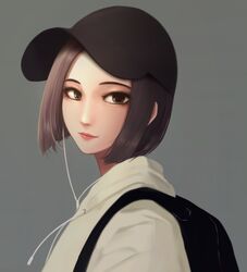  1girl backpack bag black_headwear brown_eyes brown_hair earphones earphones grey_background hat hood hood_down hoodie looking_at_viewer nanomate3 original short_hair simple_background solo upper_body 