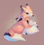  brown_background brown_eyes commentary commission creature english_commentary full_body gen_7_pokemon highres looking_at_viewer looking_back lycanroc lycanroc_(midday) lying no_humans on_stomach pillow pokemon pokemon_(creature) salanchu solo wolf 