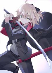  100 1girl ahoge bangs black_bow black_jacket black_neckwear black_pants black_suit blonde_hair bow breasts collared_shirt dress_shirt fate/grand_order fate_(series) grey_shirt hair_bow highres jacket jacket_on_shoulders katana koha-ace long_sleeves looking_at_viewer medium_breasts necktie okita_souji_(fate) okita_souji_(fate)_(all) open_clothes open_jacket pants sheath shirt short_hair simple_background solo sword weapon white_background yellow_eyes 