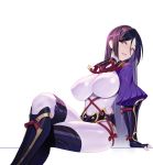  1girl arm_guards bangs black_gloves bodysuit breasts elbow_gloves fate/grand_order fate_(series) fingerless_gloves gloves highres huang_(volt0526) large_breasts long_hair looking_at_viewer minamoto_no_raikou_(fate/grand_order) parted_bangs purple_bodysuit purple_hair ribbed_sleeves rope simple_background sitting smile solo thighs very_long_hair violet_eyes white_background 