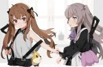  2girls brown_hair girls_frontline grey_hair gun h&amp;k_ump hair_ribbon highres multiple_girls ribbon scar scar_across_eye siblings side_ponytail sisters submachine_gun twins twintails ump45_(girls_frontline) ump9_(girls_frontline) weapon younger yuki_hotaru 