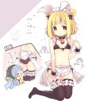  2girls alternate_costume animal_ears apron bangs bikini biyon black_bikini black_bow black_collar black_legwear blonde_hair blue_hair blunt_bangs bow bright_pupils bunny_tail closed_eyes collar double_bun enmaided fake_animal_ears fake_tail flat_chest hair_bow haniwa_(statue) haniyasushin_keiki heart joutouguu_mayumi kneeling long_hair maid maid_bikini maid_headdress medium_hair multiple_girls navel rabbit_ears sidelocks sweat swimsuit tail thigh-highs touhou waist_apron white_background wrist_cuffs yellow_eyes 