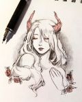  1girl artist_name clivenzu closed_eyes commentary demon_horns english_commentary eyeshadow facing_viewer fingernails flower graphite_(medium) hair_between_eyes hand_up highres horns long_hair makeup mechanical_pencil mixed_media monochrome nude original parted_lips pencil photo red_flower red_rose red_theme rose solo traditional_media 
