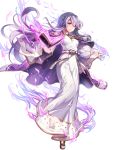 1girl aura bangs book breasts cape chachie circlet closed_mouth dark_aura dress fire_emblem fire_emblem:_genealogy_of_the_holy_war fire_emblem_heroes floating floating_object full_body hair_ornament highres holding holding_book jewelry julia_(fire_emblem) long_dress long_hair long_sleeves looking_away medium_breasts official_art open_book open_toe_shoes purple_cape purple_hair red_eyes sandals see-through shiny shiny_hair solo transparent_background violet_eyes wide_sleeves 