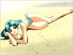  1girl aqua_eyes aqua_hair barefoot bikini blue_bikini cute honjou_arisa long_hair looking_at_viewer lying official_art on_ground on_side sexy solo striped striped_bikini swimsuit yamada_masaki zenkoku_seifuku_bishoujo_grand_prix 