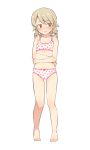  1girl @_@ bangs bare_arms bare_legs bare_shoulders barefoot blush bra breasts brown_eyes brown_hair eyebrows_visible_through_hair food_print full_body idolmaster idolmaster_cinderella_girls long_hair morikubo_nono nose_blush panties parted_lips print_bra print_panties ringlets simple_background small_breasts solo standing strawberry_bra strawberry_panties strawberry_print underwear underwear_only ushi white_background white_bra white_panties 