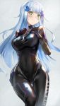  1girl bangs black_bodysuit blunt_bangs bodysuit breasts closed_mouth commentary_request covered_navel eyebrows_visible_through_hair facial_mark girls_frontline green_eyes hair_ornament hand_on_hip hand_on_own_chest hk416_(girls_frontline) long_hair looking_at_viewer medium_breasts qian_wu_atai silver_hair solo teardrop thigh_gap very_long_hair 