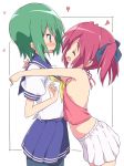  2girls ^_^ black_ribbon blue_eyes blue_sailor_collar blue_skirt blush breasts closed_eyes eyebrows_visible_through_hair green_hair hair_ribbon highres iwasaki_minami kobayakawa_yutaka looking_at_another lucky_star mel_(melty_pot) multiple_girls open_mouth pleated_skirt redhead ribbon ryouou_school_uniform sailor_collar school_uniform serafuku short_hair short_sleeves skirt small_breasts twintails white_background white_skirt 