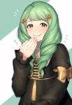  1girl bow cute fire_emblem fire_emblem:_three_houses fire_emblem:_three_houses fire_emblem_16 flayn_(fire_emblem) garreg_mach_monastery_uniform green_eyes green_hair grin hair_ornament highres intelligent_systems loli long_hair long_sleeves nintendo rpp_pic simple_background smile solo uniform upper_body 