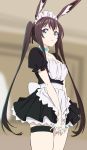  alternate_costume amiya_(arknights) animal_ears apron arknights blue_eyes brown_hair enmaided frilled_apron frills highres kengo maid maid_apron maid_dress maid_headdress puffy_sleeves rabbit_ears skirt twintails waist_apron white_apron 