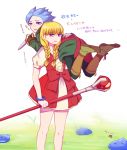  1boy 1girl beifunan black_legwear blonde_hair blue_eyes blue_hair boots braid brown_footwear camus_(dq11) carrying_over_shoulder commentary_request crying crying_with_eyes_open dragon_quest dragon_quest_xi dress eyebrows_visible_through_hair green_shirt hair_over_shoulder highres holding holding_knife holding_staff knife leggings long_hair puffy_short_sleeves puffy_sleeves red_dress shirt shirt_under_dress short_dress short_sleeves slime_(dragon_quest) staff tears translation_request twin_braids veronica_(dq11) violet_eyes white_background white_shirt 