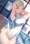  1girl absurdres armpits blonde_hair braid breasts competition_swimsuit covered_navel crown_braid green_eyes hair_rings highleg highleg_swimsuit highres looking_at_viewer love_live! love_live!_sunshine!! medium_breasts ohara_mari one-piece_swimsuit pool poolside shiny shiny_hair shiny_skin short_hair solo swimsuit water wet white_swimsuit yamaori_(yamaorimon) yellow_eyes 