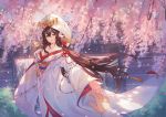  1girl azur_lane breasts brown_hair criin day floating_hair flower hair_between_eyes hat highres holding_hands horns japanese_clothes jewelry kimono long_hair long_sleeves looking_at_viewer medium_breasts mikasa_(azur_lane) necklace obi petals pink_flower pov pov_hands sash smile solo standing sunlight tassel tree_branch very_long_hair white_headwear white_kimono wide_sleeves wisteria yellow_eyes 