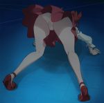  1girl all_fours dress from_behind gegege_no_kitarou hair_ribbon haruyama_kazunori legs long_sleeves nekomusume nekomusume_(gegege_no_kitarou_6) panties pantyshot purple_hair red_dress red_footwear red_ribbon ribbon solo underwear white_panties 