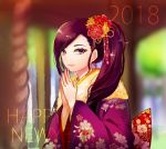  1girl 2018 alternate_costume alternate_hairstyle beifunan blurry blurry_background commentary_request dated dragon_quest dragon_quest_xi fur-trimmed_kimono fur_trim japanese_clothes kimono light_smile long_hair looking_at_viewer martina_(dq11) purple_hair purple_kimono side_ponytail solo very_long_hair violet_eyes wide_sleeves 