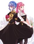  2girls blue_hair braid brown_eyes closed_mouth crown_braid fire_emblem fire_emblem:_three_houses flower garreg_mach_monastery_uniform hilda_valentine_goneril holding long_hair long_sleeves marianne_von_edmund multiple_girls pink_hair simple_background smile twintails uniform white_background yutohiroya 