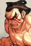  1boy abs black_eyes black_hair chonmage closed_mouth collarbone edmond_honda eyebrows facepaint hankuri male_focus muscle shirtless sideburns solo street_fighter street_fighter_ii_(series) sumo topknot v-shaped_eyebrows veins 