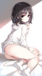  1girl ass bed_sheet black_eyes black_hair highres hood hood_down hoodie hoodie_dress long_sleeves looking_at_viewer looking_back no_pants original panties panty_peek short_hair sitting socks solo thighs underwear white_hoodie white_legwear white_panties yaya_(yayaa_00) 