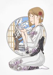  1girl blush brown_hair hagiwara_yukiho highres idolmaster idolmaster_(classic) japanese_clothes kimono ooe_yamaken open_mouth seiza short_hair shouji sitting sliding_doors smile solo 