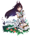 1girl animal_ears black_hair blush breasts dress elbow_gloves flower fox_mask gloves grass kasane_(xenoblade) long_hair looking_at_viewer mask medium_breasts mokki plant red_eyes seiza short_dress simple_background sitting smile solo thigh-highs white_background xenoblade_(series) xenoblade_2 