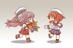  2girls acea4 bangs bike_shorts black_legwear blue_skirt bouquet braid brown_hair chibi etorofu_(kantai_collection) eyebrows_visible_through_hair flower gradient gradient_background hair_flower hair_ornament hat hip_vent holding holding_bouquet kantai_collection long_hair low_twintails mikura_(kantai_collection) multiple_girls official_art open_mouth pleated_skirt red_skirt redhead sailor_collar sailor_hat school_uniform serafuku shadow short_hair shorts shorts_under_skirt simple_background skirt socks twin_braids twintails white_legwear 