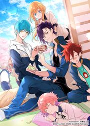  6+boys ^_^ aizen_kunitoshi akashi_kuniyuki akita_toushirou aqua_hair bandaid bandaid_on_nose blonde_hair blue_eyes blue_sky brown_hair cherry_blossoms closed_eyes clouds dutch_angle futaba_hazuki glasses green_eyes hair_ornament hairclip highres hood hoodie hotarumaru houchou_toushirou ichigo_hitofuri jacket lying male_focus midare_toushirou multiple_boys official_art omamori on_side open_mouth pants pillow pink_hair ponytail purple_hair redhead silver_hair sitting sky sleeping sliding_doors smile touken_ranbu track_jacket track_pants yellow_eyes 