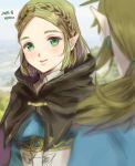  1boy 1girl 2020 blonde_hair braid breasts cape crown_braid green_eyes hood link medium_breasts oyasu_(kinakoyamamori) pointy_ears princess_zelda short_hair smile the_legend_of_zelda the_legend_of_zelda:_breath_of_the_wild the_legend_of_zelda:_breath_of_the_wild_2 