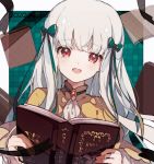  1girl :d ascot bangs blunt_bangs book brooch captain_yue eyebrows_visible_through_hair green_ribbon hair_ribbon head_tilt holding holding_book jewelry long_hair long_sleeves looking_at_viewer open_book open_mouth otome_game_no_hametsu_flag_shika_nai_akuyaku_reijou_ni_tensei_shite_shimatta red_eyes ribbon smile solo sophia_ascart upper_body white_hair white_neckwear 