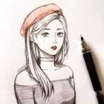  1girl artist_name bare_shoulders beret choker clivenzu commentary english_commentary graphite_(medium) hat highres long_hair looking_at_viewer mechanical_pencil mixed_media mole mole_under_eye original parted_lips pencil photo pink_headwear red_lips solo traditional_media twitter_username upper_body 