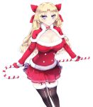  1girl absurdres black_legwear blonde_hair blush bow breasts candy candy_cane christmas food garter_straps hair_bow highres large_breasts long_hair long_sleeves looking_at_viewer mittens nanomate3 pleated_skirt red_skirt skirt standing thigh-highs transparent_background violet_eyes 