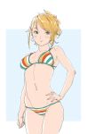  1girl blonde_hair blush breasts closed_mouth earrings green_eyes highres hoshii_miki idolmaster idolmaster_(classic) jewelry looking_at_viewer navel ooe_yamaken short_hair smile solo swimsuit 