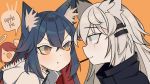  3girls :d :o animal_ear_fluff animal_ears arknights arm_up bangs black_jacket blue_hair blush catchphrase chibi clenched_hand collar collared_jacket earrings english_commentary english_text exusiai_(arknights) eye_contact eyebrows_visible_through_hair food food_in_mouth from_side fur_collar fur_trim grey_eyes hair_between_eyes hair_ornament hair_over_one_eye hairclip halo hood hood_down hooded_jacket jacket jewelry lappland_(arknights) long_hair looking_at_another multicolored_hair multiple_girls nyawurin open_mouth orange_background orange_eyes pocky portrait pout redhead scar scar_across_eye short_hair silver_hair smile speech_bubble texas_(arknights) two-tone_hair white_jacket wolf_ears yuri 