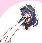  1girl akatsuki_(kantai_collection) anchor_symbol bangs black_headwear black_legwear black_sailor_collar black_skirt blue_hair brown_footwear chibi colored_shadow commentary_request eyebrows_visible_through_hair flat_cap gloves hair_between_eyes hat kantai_collection komakoma_(magicaltale) long_hair long_sleeves mouth_hold neckerchief o_o pantyhose pink_background pleated_skirt red_neckwear sailor_collar school_uniform serafuku shadow shirt skirt solo_focus standing teardrop trembling two-tone_background v-shaped_eyebrows very_long_hair white_background white_gloves white_shirt 