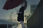  1girl :d black_hair building fence highres lamppost long_hair oissu_tiwassu open_mouth original outdoors red_eyes smile solo umbrella w 