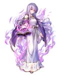  1girl aura bangs bare_shoulders book breasts cape chachie circlet dark_aura dress fire_emblem fire_emblem:_genealogy_of_the_holy_war fire_emblem_heroes floating floating_object full_body hair_ornament highres holding holding_book jewelry julia_(fire_emblem) long_dress long_hair long_sleeves looking_at_viewer medium_breasts official_art open_book open_toe_shoes parted_lips purple_cape purple_hair red_eyes sandals see-through shiny shiny_hair solo standing transparent_background violet_eyes wide_sleeves 