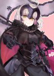  1girl absurdres agata_(yfw1110) ahoge armor armored_dress bangs black_cape blush breasts cape chain collar fate/grand_order fate_(series) faulds flag fur-trimmed_cape fur_trim gauntlets grin headpiece highres jeanne_d&#039;arc_(alter)_(fate) jeanne_d&#039;arc_(fate)_(all) large_breasts looking_at_viewer metal_collar plackart short_hair silver_hair smile solo sword weapon yellow_eyes 