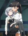  2girls black_hair black_legwear blush breasts carrying closed_eyes closed_mouth eyebrows_visible_through_hair eyepatch large_breasts long_hair military military_uniform multiple_girls official_art open_mouth pantyhose ponytail princess_carry sakamoto_mio sanya_v_litvyak shiny shiny_hair shiny_skin short_hair sleeping small_breasts smile strike_witches uniform white_hair world_witches_series yellow_eyes yuri 