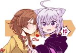  !? 2girls :3 ahoge animal_ears black_choker black_hoodie blush braid brown_hair cat_ears choker closed_eyes commentary dog_ears dress eyebrows_visible_through_hair fang hair_between_eyes heart hololive imminent_kiss index_finger_raised inugami_korone jacket lavender_hair looking_at_viewer medium_hair multiple_girls nekomata_okayu open_mouth orange_background pointing pointing_at_viewer puckered_lips red_choker senhaku short_hair side_braids simple_background twin_braids upper_body violet_eyes white_background white_dress yellow_jacket yuri 