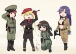  4girls anger_vein bangs belt beret big_boss big_boss_(cosplay) black_belt black_bra black_coat black_footwear black_gloves black_headband black_pants blonde_hair blue_eyes blush bodysuit boots bra braid braided_ponytail breasts brown_bodysuit brown_eyes brown_hair character_request check_character closed_mouth coat commentary_request cosplay earpiece elbow_gloves eyebrows_visible_through_hair flat_chest fuka_(kantoku) full_body gloves goggles goggles_around_neck goshiki_agiri green_eyes green_jacket green_pants gun handgun hat headband highres holding holding_gun holding_weapon holster jacket kill_me_baby long_hair looking_at_viewer looking_to_the_side medium_breasts metal_gear_(series) metal_gear_solid_3 military military_hat military_uniform multiple_girls naked_snake naked_snake_(cosplay) necktie one_eye_closed one_knee open_bodysuit open_mouth oribe_yasuna pants purple_hair red_headwear red_necktie redhead revolver revolver_ocelot revolver_ocelot_(cosplay) salute short_hair simple_background small_breasts smile sonya_(kill_me_baby) spinning_weapon star_(symbol) the_boss the_boss_(cosplay) underwear uniform unused_character violet_eyes weapon 