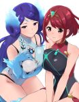  2girls aqua_swimsuit black_swimsuit breasts chest_jewel cleavage_cutout elbow_gloves fiery_hair gloves highres pyra_(xenoblade) kagutsuchi_(xenoblade) large_breasts looking_at_viewer mokki multiple_girls purple_hair red_eyes redhead short_hair simple_background smile swimsuit tiara violet_eyes white_background xenoblade_(series) xenoblade_2 