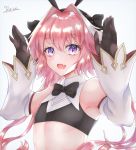  1boy astolfo_(fate) astolfo_(saber)_(fate) bangs bare_shoulders black_bow black_gloves black_neckwear black_ribbon blush bow bowtie bunny_pose crop_top detached_sleeves fang fate/grand_order fate_(series) gloves hair_intakes hands_up highres long_hair looking_at_viewer low_twintails multicolored_hair open_mouth otoko_no_ko pink_hair rain_(roromi) ribbon simple_background skin_fang smile solo streaked_hair twintails violet_eyes white_hair wing_collar 