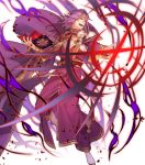  1boy alternate_costume aura belt book boots cape circlet fire_emblem fire_emblem:_the_sacred_stones fire_emblem_heroes full_body highres kazuki_yone long_hair lyon_(fire_emblem) official_art open_mouth purple_hair red_eyes teeth transparent_background 