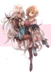  bangs black_legwear blonde_hair boots breastplate brown_gloves carrying commentary_request djeeta_(granblue_fantasy) dress eyebrows_visible_through_hair floating_hair fulunukko gloves granblue_fantasy green_dress hair_between_eyes hairband highres long_hair looking_at_another princess_carry red_eyes short_hair sidelocks simple_background smile swept_bangs thigh-highs white_background white_dress white_hair yellow_eyes zooey_(granblue_fantasy) 