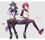  2girls animal_ear_fluff animal_ears arknights bag bangs belt black_belt black_capelet black_footwear black_gloves black_hair black_legwear black_skirt breasts brown_eyes capelet commentary copyright_name exusiai_(arknights) eyebrows_visible_through_hair fingerless_gloves full_body gloves grey_background hair_between_eyes halo hands_up headphones high_collar highres id_card invisible_chair jacket long_hair long_sleeves looking_at_viewer medium_breasts miniskirt multiple_girls pantyhose purple_hair raglan_sleeves red_belt shoes short_hair simple_background sitting skirt smile tail texas_(arknights) thighs white_jacket wolf_ears wolf_tail yaegashiharuki 