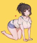  1girl all_fours aroddst4 blush breasts character_request commentary denim denim_shorts eyebrows_visible_through_hair heart highres idolmaster idolmaster_cinderella_girls large_breasts open_mouth ponytail shirt short_hair shorts solo thigh-highs thighs yellow_background yellow_eyes 