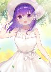  1girl :d aizawa85 bangs bare_arms bare_shoulders blush braid breasts commentary_request dress eyebrows_visible_through_hair fate/stay_night fate_(series) hair_ribbon hat highres large_breasts long_hair looking_at_viewer matou_sakura open_mouth outdoors purple_hair ribbon single_braid smile solo sun_hat violet_eyes white_dress white_headwear white_ribbon 