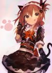  1girl absurdres alternate_costume animal_ears bangs brown_hair cat_ears cat_tail commentary enmaided folded_ponytail gloves hair_between_eyes hair_ornament highres inazuma_(kantai_collection) kaamin_(mariarose753) kantai_collection looking_at_viewer maid maid_dress maid_headdress paw_pose sidelocks smile solo tail tongue tongue_out yellow_eyes 