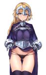  1girl armor armored_dress ass_visible_through_thighs bangs black_panties blonde_hair blue_eyes blush braid breasts chain collar dress dress_lift fate/apocrypha fate_(series) gauntlets gyukaku400 headpiece highres jeanne_d&#039;arc_(fate) jeanne_d&#039;arc_(fate)_(all) large_breasts long_braid long_hair looking_at_viewer metal_collar panties plackart simple_background single_braid solo thigh-highs thigh_gap thighs underwear very_long_hair white_background 
