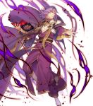  1boy alternate_costume aura belt book boots cape circlet fire_emblem fire_emblem:_the_sacred_stones fire_emblem_heroes full_body highres kazuki_yone long_hair lyon_(fire_emblem) official_art open_book purple_hair red_eyes teeth transparent_background 