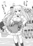  1girl boots breasts cleavage_cutout clothing_cutout conte_di_cavour_(kancolle) corset dress feet_out_of_frame frilled_dress frills greyscale junes kantai_collection large_breasts long_hair long_sleeves looking_at_viewer machinery monochrome solo standing translation_request two_side_up 